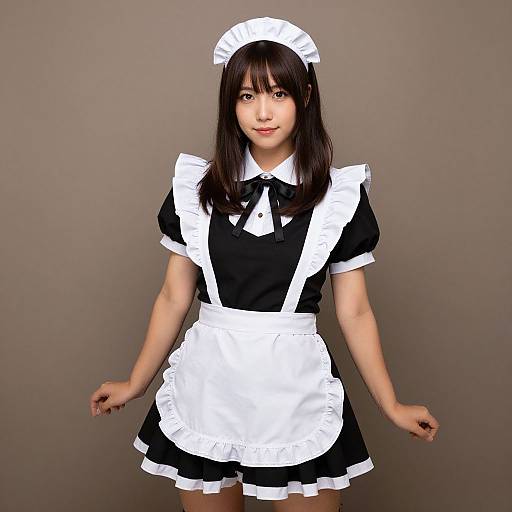 Photograph of an Asian woman in a black and white French maid outfit with a white apron, headpiece, and short sleeves, standing against a