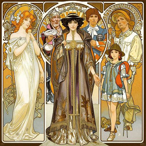 Art Nouveau-style digital illustration featuring a central black-robed woman in ornate dress, surrounded by six figures in vintage attire, each with halos