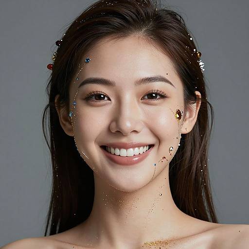 Photograph of a smiling young Asian woman with long dark hair, adorned with small colorful beads on her face and hair, against a gray background.