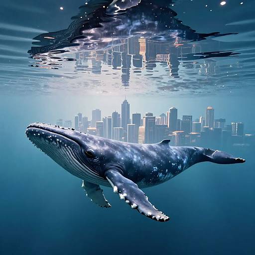 Digital artwork of a large blue whale swimming underwater with a city skyline reflected on the water's surface above.