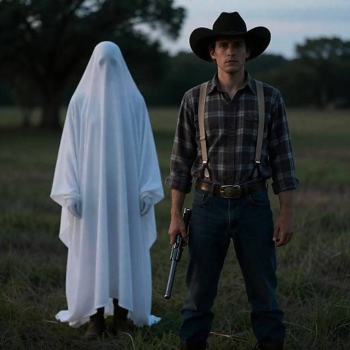 Mysterious Man and Ghostly Figure at Dusk