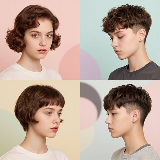Photograph-style CGI of a young person with short, curly brown hair in four quadrants, each with a different pastel background: pink, blue