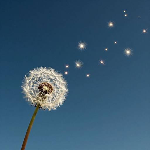 Photograph of a glowing white dandelion puff against a deep blue sky, with sparkling stars trailing from the seed head upwards.