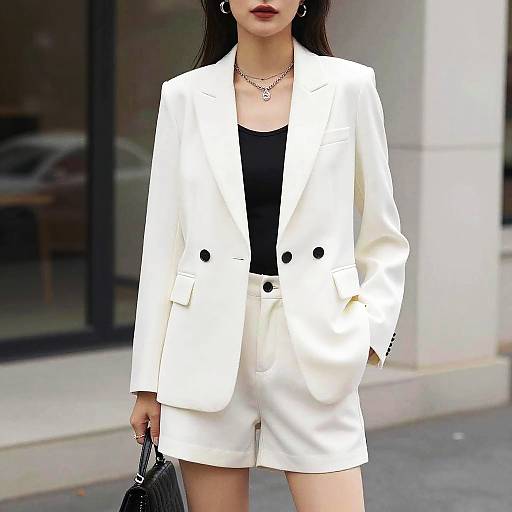 Photograph of an Asian woman in a white double-breasted blazer and matching shorts, black top, necklace, holding a black purse, urban street