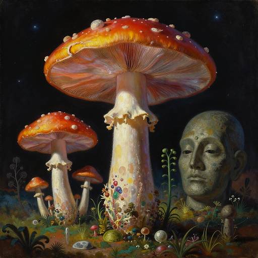 Surreal Giant Mushrooms with Stone Face in Cosmic Landscape