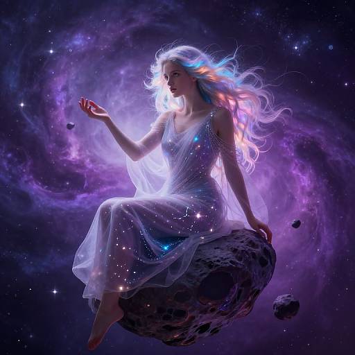 Digital art of ethereal woman with flowing white-blue hair, wearing translucent dress, floating on rock in cosmic purple starry background.