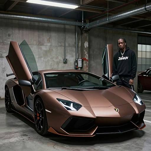 Photograph of a muscular Black man in a black hoodie standing beside a sleek, copper-colored Lamborghini with doors open, in a dimly lit,
