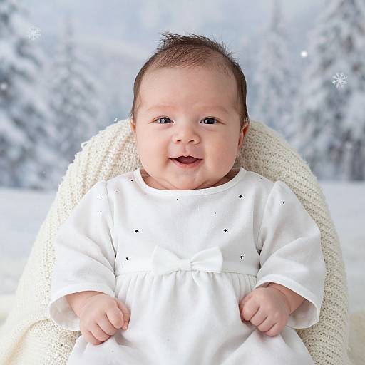 Photograph of a smiling baby with light skin and dark hair, wearing a white dress with small black dots, sitting on a white knitted chair against