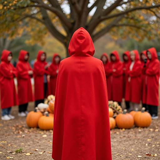 Hooded Figure Among Red-Costumed Crowd