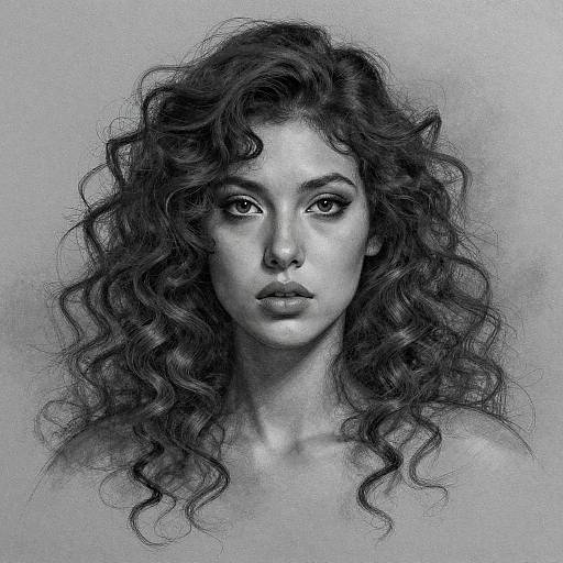 Monochromatic pencil drawing of a beautiful woman with long, wavy dark hair, full lips, and intense eyes, staring directly at the viewer.