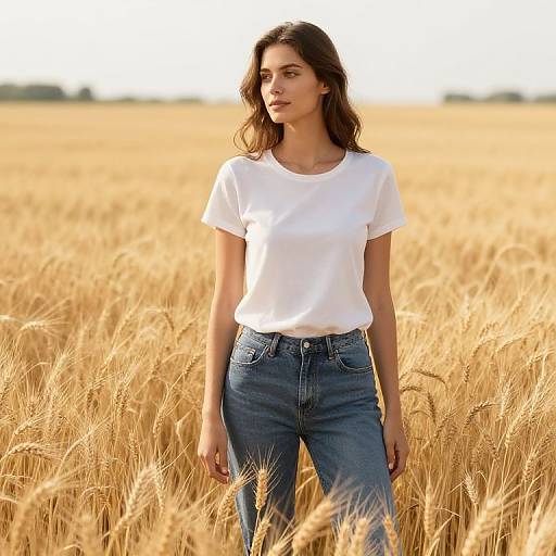 Photograph of a young woman with long brown hair, wearing a white t-shirt and blue jeans, standing in a golden wheat field under bright sunlight.