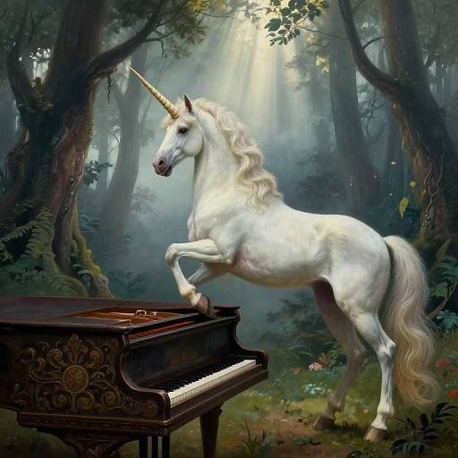 Surreal Unicorn on Piano Dreamscape