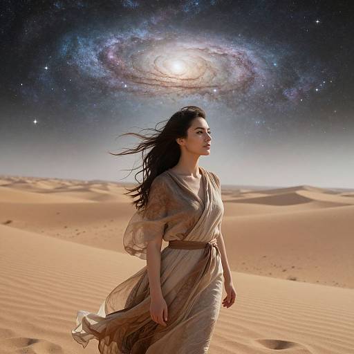 Photograph-style digital art: Long-haired woman in flowing beige dress walks through starry desert, with glowing galaxy overhead at sunset.