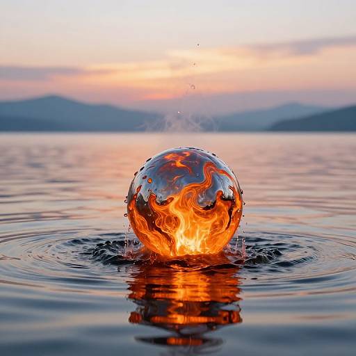 Photograph of a glowing, orange-flamed water sphere splashing into a calm lake at sunset, with distant mountain silhouettes and a pink-orange
