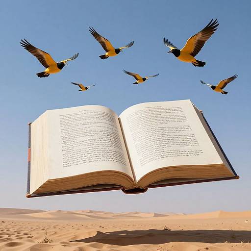 Photograph of an open book floating above a desert, with six yellow and black birds flying in a clear blue sky.