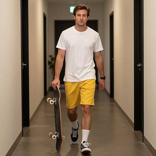 Photograph of a young man with short brown hair, wearing a white t-shirt, yellow shorts, black sneakers, and a black watch, walking down