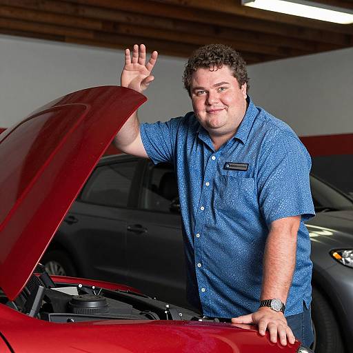 Friendly Man Posing by Red Car