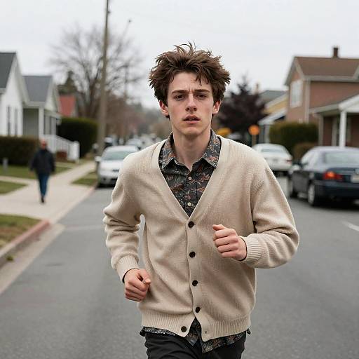 Young Man Running Through Suburban Streets