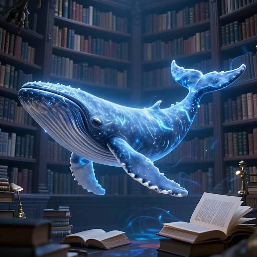 Photorealistic digital artwork of a glowing blue whale floating in a dimly lit library, surrounded by open books and shelves.