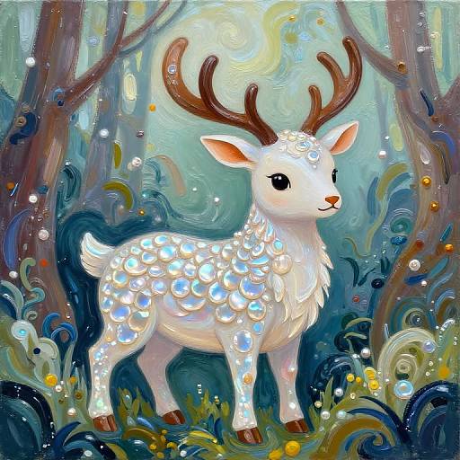 Whimsical digital painting of a white, blue-spotted deer with large antlers in a vibrant, swirling forest with colorful lights and foliage.
