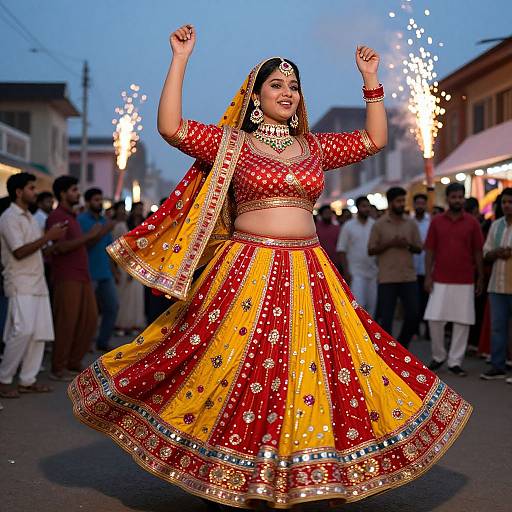 Photograph of a joyful South Asian woman in a vibrant red and yellow lehenga with gold embroidery, dancing in a street festival at dusk, surrounded by