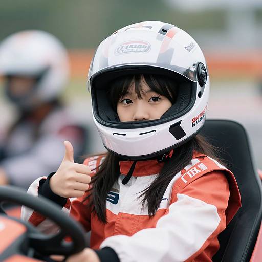 Photograph of a young Asian girl with long black hair, wearing a white helmet and red-white racing suit, giving a thumbs-up while sitting in a