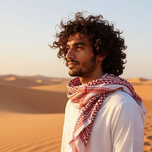 Photograph of a curly-haired, bearded Middle Eastern man in traditional white thobe and red-patterned keffiyeh, standing in a sun