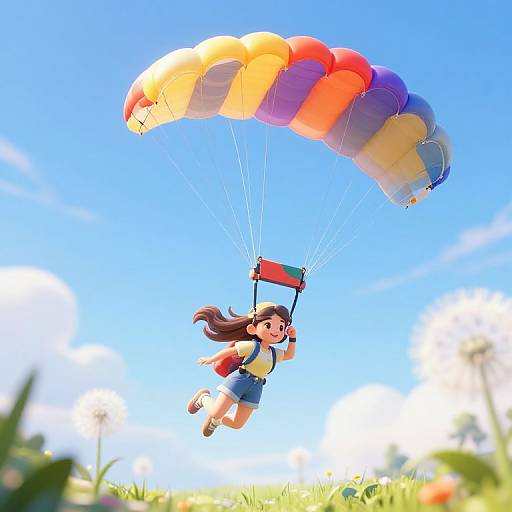 Colorful cartoon girl with brown hair, blue shorts, yellow shirt, red jacket, and brown shoes, parasailing with a multicolored parachute under