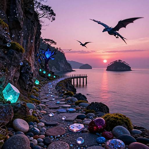 Magical sunset coastline with glowing crystals, floating dragonflies, and two flying dragons over a rocky shore and pier. Digital art.