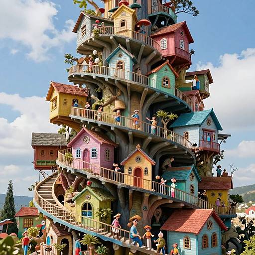 Whimsical, multicolored, spiral-shaped fairy-tale houses with people on balconies, under a bright blue sky with fluffy clouds. Digital
