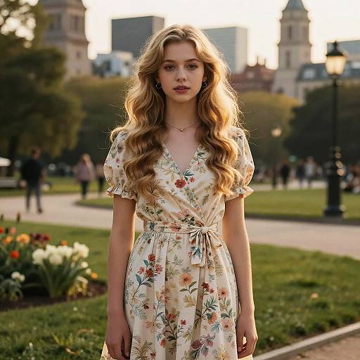 Photograph of a young woman with long, wavy blonde hair, wearing a floral dress, standing in a sunlit park with blurred city buildings and