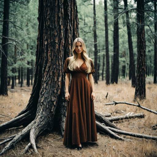 Woman in Brown Dress Standing by Tree in Forest