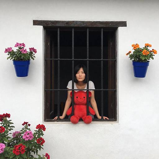Woman Behind Barred Window with Toy