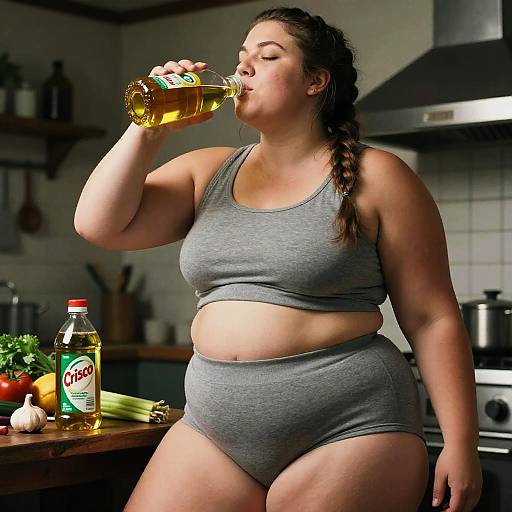 Photograph of a plus-sized, light-skinned woman with braided brown hair, drinking yellow liquid from a bottle in a kitchen. She wears a