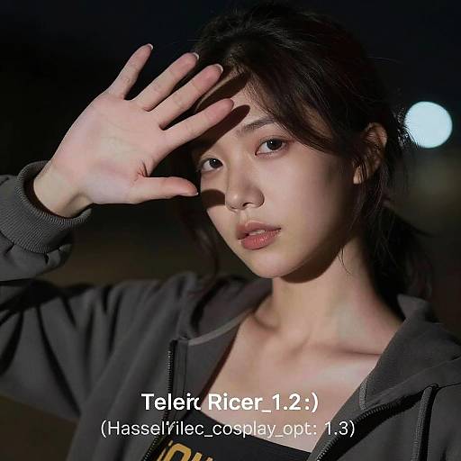 Photograph of an East Asian woman with pale skin, dark hair, and neutral expression, wearing a black zip-up jacket, hand raised shielding her eyes