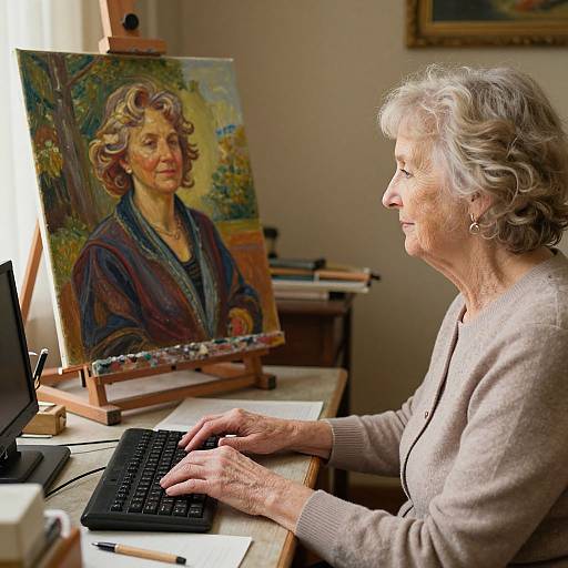 Photograph of an elderly woman with short gray hair, wearing a beige cardigan, painting a portrait of herself on an easel using a computer.