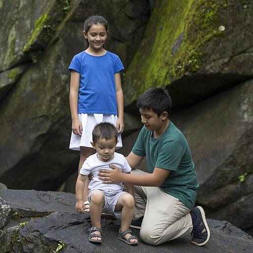 Children on Mossy Black Rocks