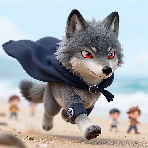 CGI image of a fierce, grey wolf with red eyes, wearing a black cape and blue gemmed wristbands, running on a sandy beach with