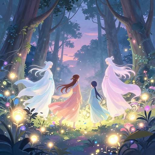 Digital anime-style forest scene with glowing white ethereal figures, a brown-haired girl, and a small black-haired child surrounded by luminescent flowers and