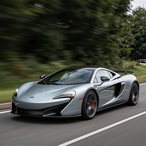 Photograph of a sleek, silver McLaren sports car with black accents and orange brake calipers, speeding on a blurred road surrounded by lush greenery.
