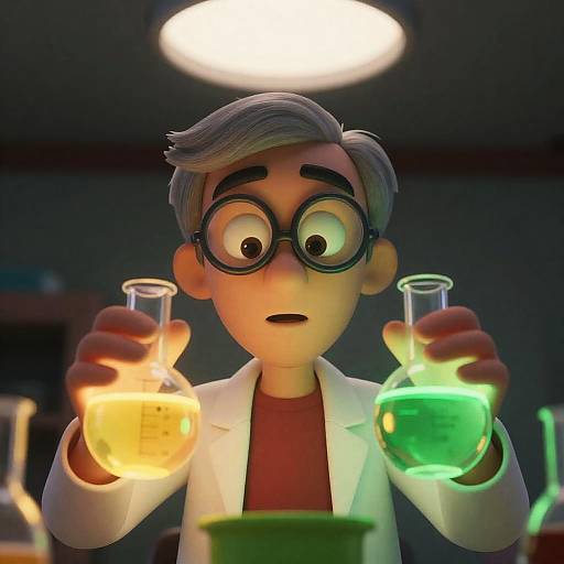 Surprised Scientist with Glowing Beakers