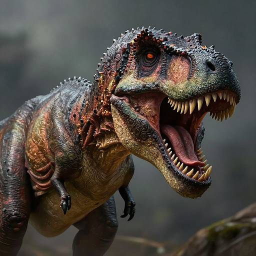 Photorealistic CGI of a ferocious, textured dinosaur with dark green scales, red and orange patches, sharp teeth, and glowing orange eyes, roaring