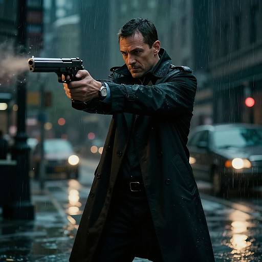 Photograph of a serious, rain-soaked man in a black coat, aiming a gun in a rainy urban street at night.