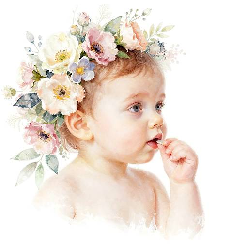 Photograph of a fair-skinned, blue-eyed baby with a floral crown, sucking their finger, against a white background.