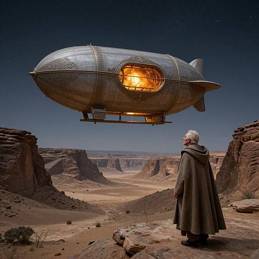 Ancient Hovering Airship Over Desert Canyon