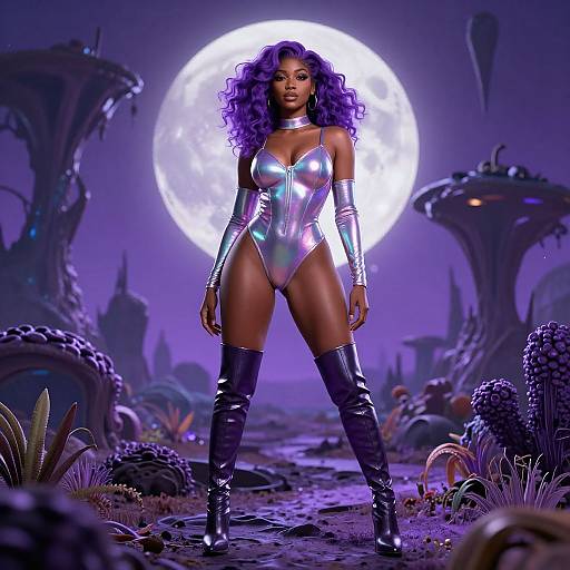 Digital artwork of a confident, dark-skinned woman with purple curly hair, wearing a shiny silver bodysuit, black thigh-high boots, and arm