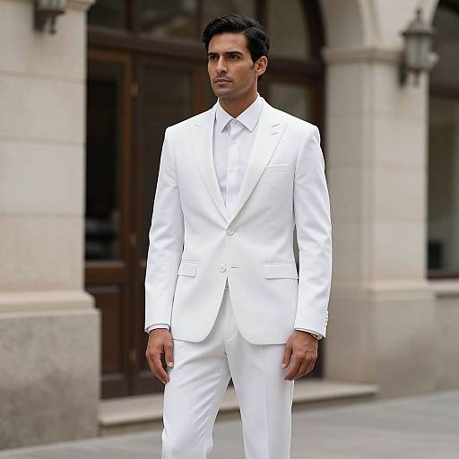 Photograph of a handsome, dark-haired man in a sharp white suit, standing confidently in front of a stone building with arched windows.
