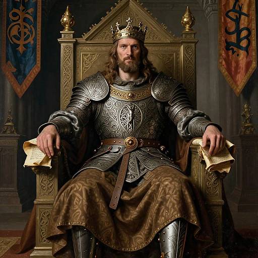 Photograph of a bearded, long-haired king in medieval armor, crowned, sitting on an ornate throne, holding parchment, dark castle background.