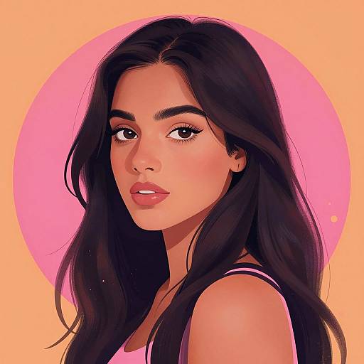 Digital portrait of a beautiful Latina woman with long black hair, pink lips, and brown eyes, set against a pink and orange circular background.