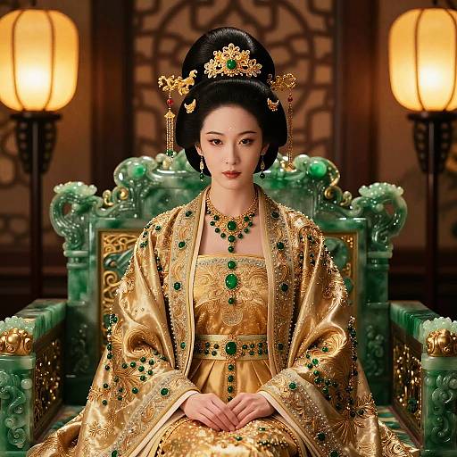 Digital illustration of an elegant East Asian woman in a gold and green embroidered kimono, sitting on a green ornate throne, with warm lanterns in